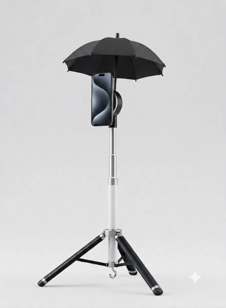 The Selfie Shade with a phone mounted beneath its built-in canopy